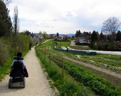 Person im Rollstuhl auf dem Bruderholzweg