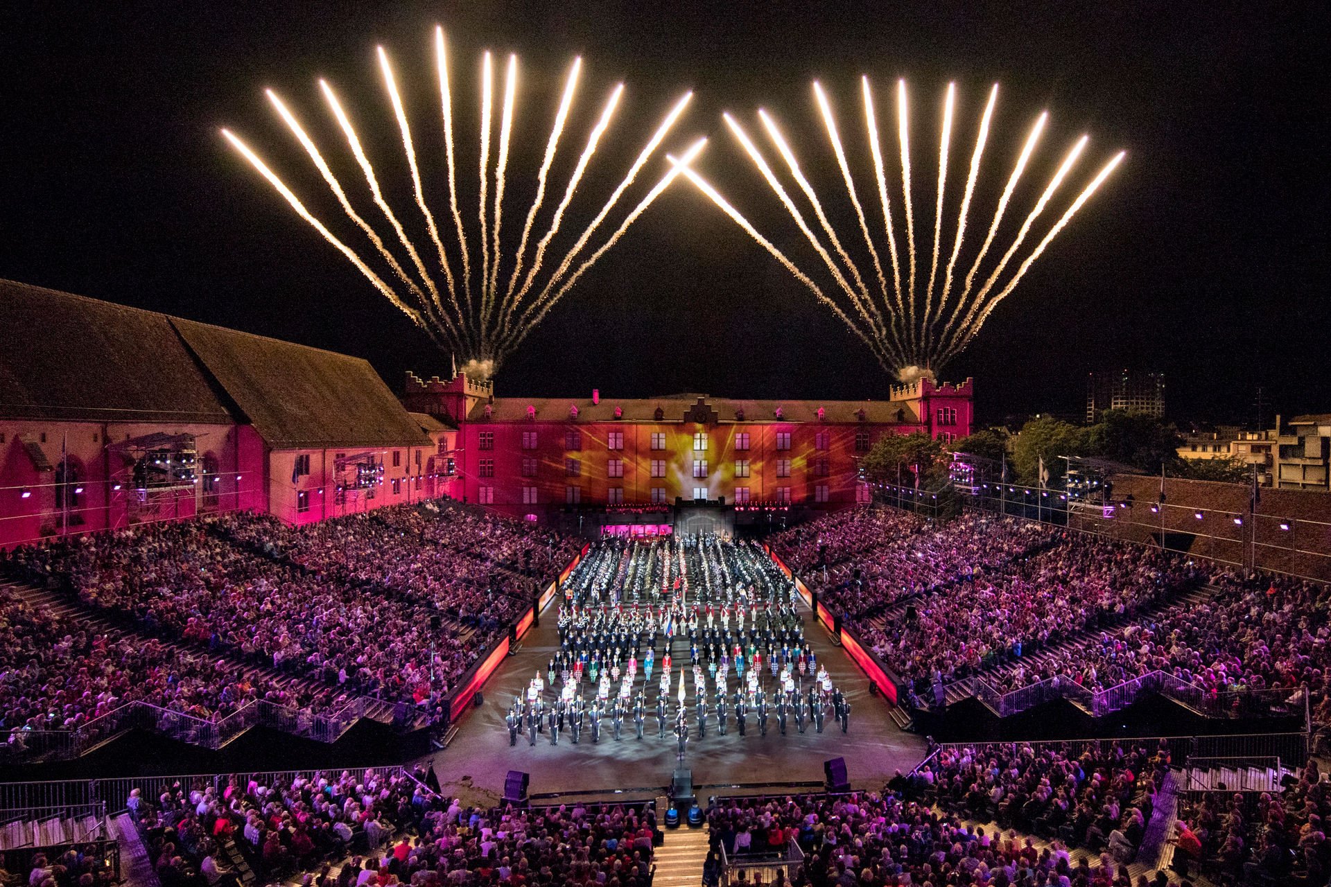 The Cast of the Basel Tattoo 2017,  preforms on stage during the Final of the premiere for the Basel Tattoo, Friday, 21. July 2017, at the Barracks in Basel, Switzerland. The Basel Tattoo is a military music festival held from 21 to 29 July 2017 in the city of Basel. (PRESSEBILDER/Patrick Straub)